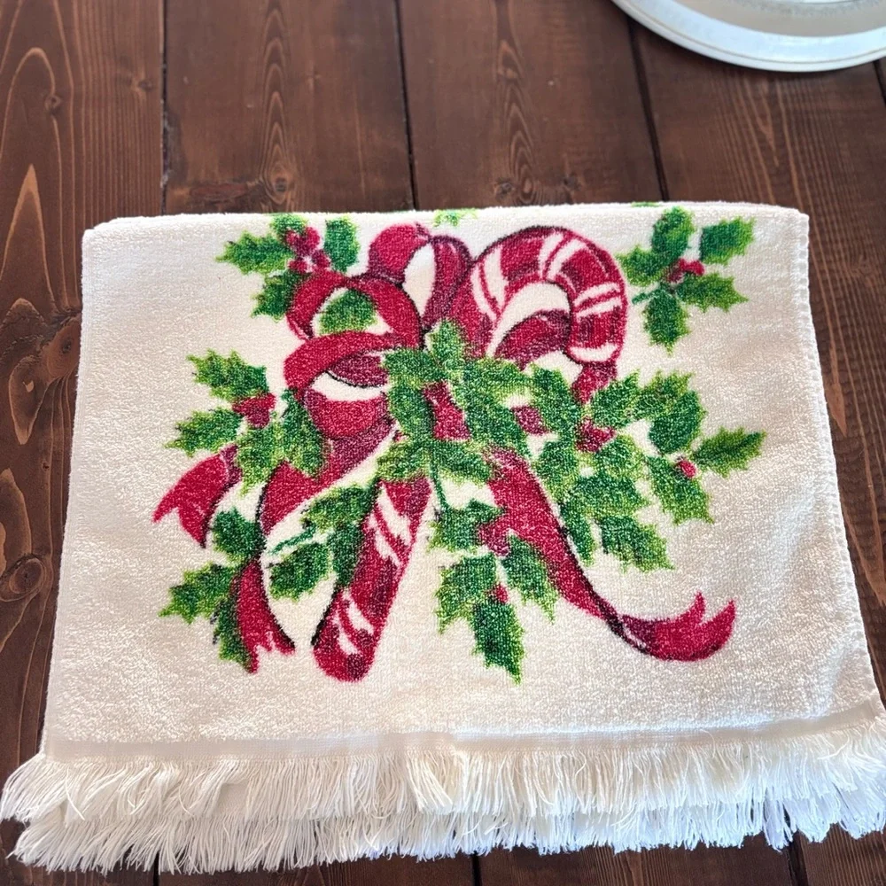 Holiday Candy Cane Decorative Hand Towel - White, Red & Green set of 2